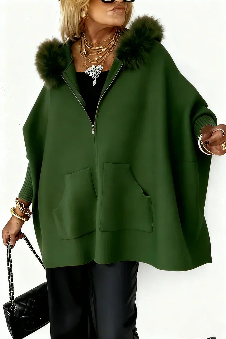 Trina | Women’s hooded poncho style jacket with soft trim and a relaxed drape