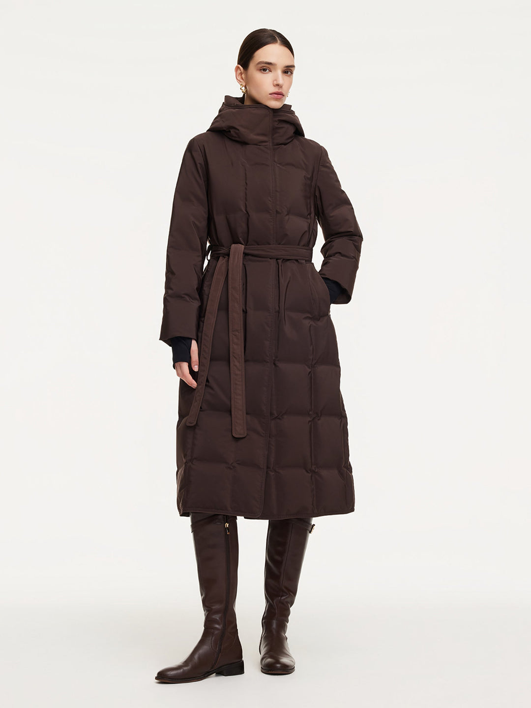 Maci | Women’s long hooded quilted coat with adjustable waist belt