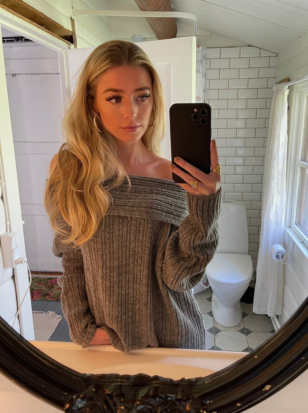 Ellie |  Women’s oversized knit sweater with off-shoulder design and ribbed texture