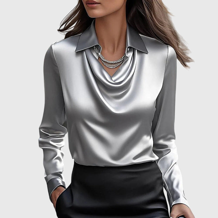 Sylvie | Blouse with pleated neckline and subtle sheen