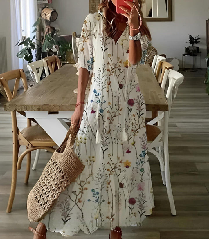 Bethany | Women’s boho v-neck printed midi dress
