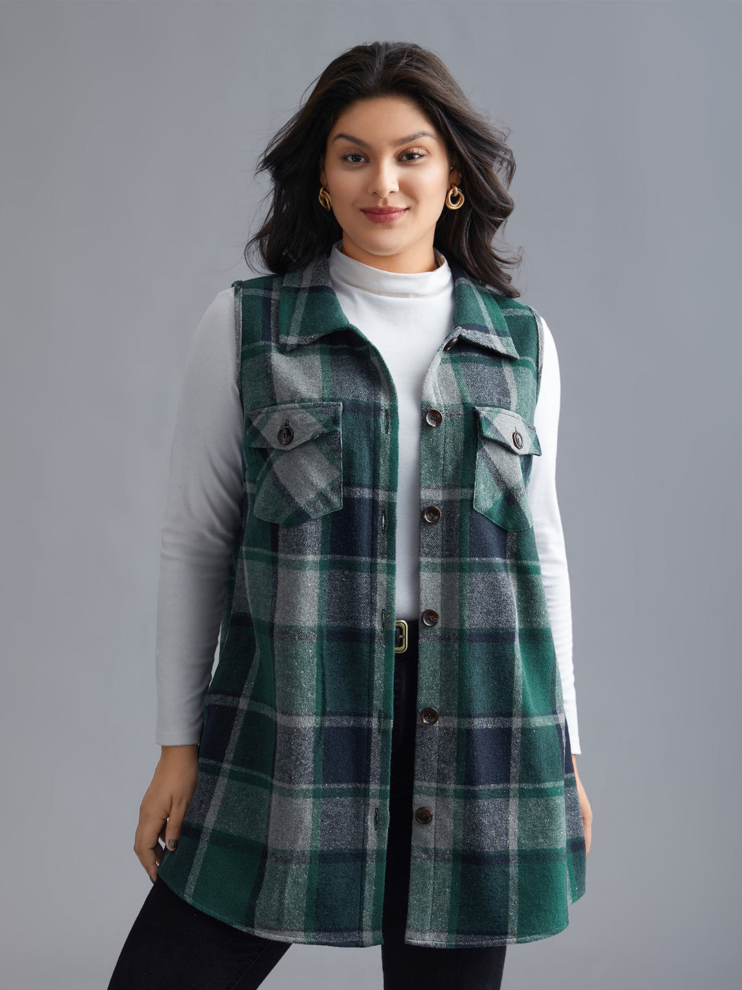 Kaitlyn | Women’s plaid flap detail sleeveless vest with button closure