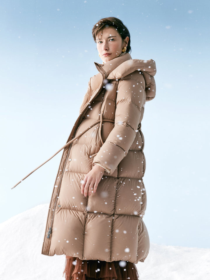 Alani | Women’s hooded long down coat with tie-string belt