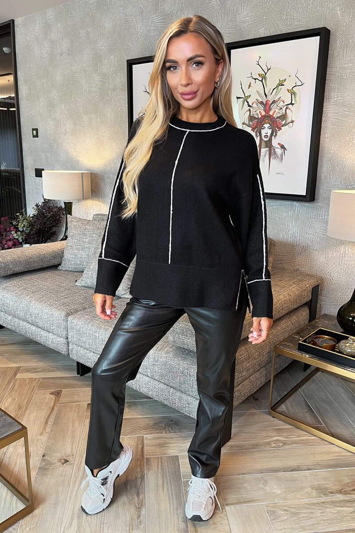 Josie | Women’s round neck knit sweater with contrast piping detail