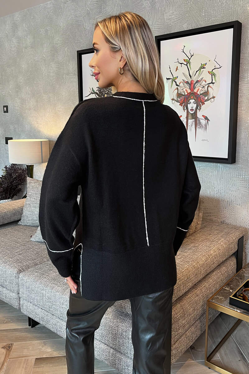 Josie | Women’s round neck knit sweater with contrast piping detail