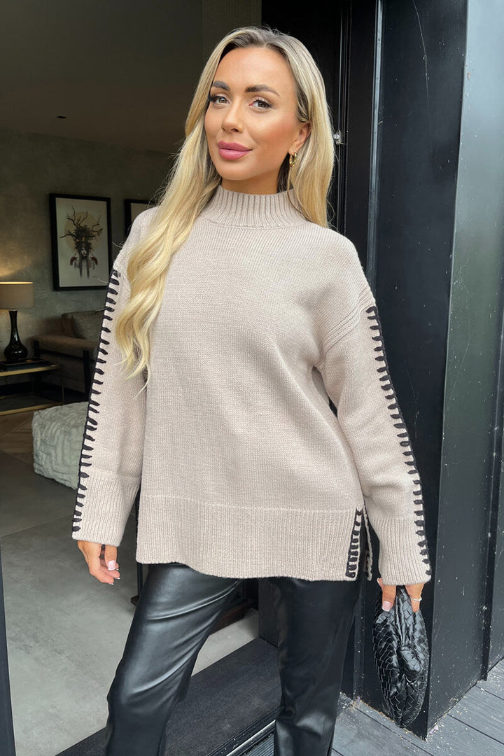 Clarisse | Women’s mock neck sweater with contrast blanket stitch detail