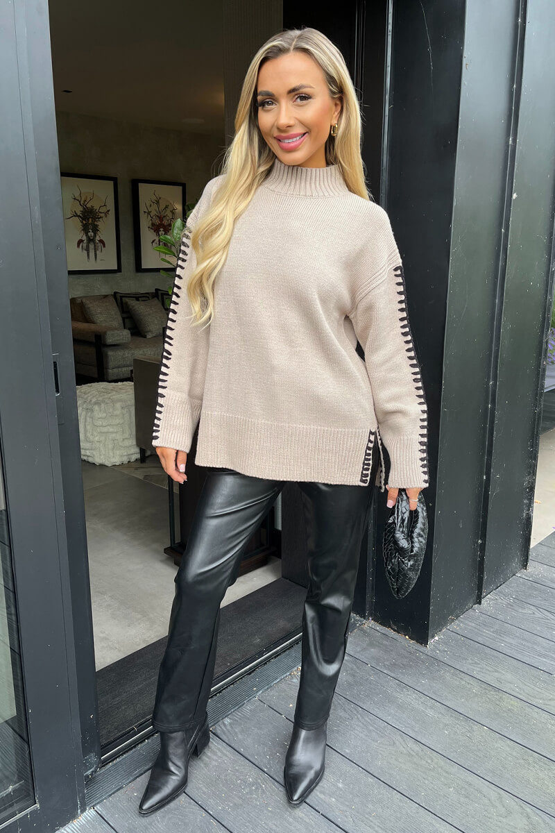 Clarisse | Women’s mock neck sweater with contrast blanket stitch detail