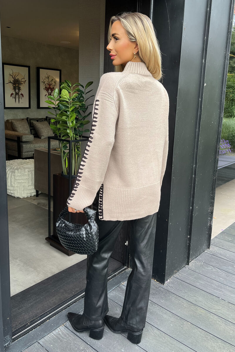 Clarisse | Women’s mock neck sweater with contrast blanket stitch detail