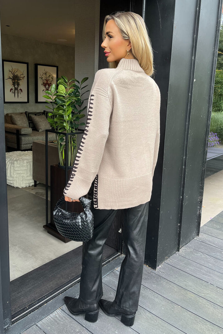 Clarisse | Women’s mock neck sweater with contrast blanket stitch detail