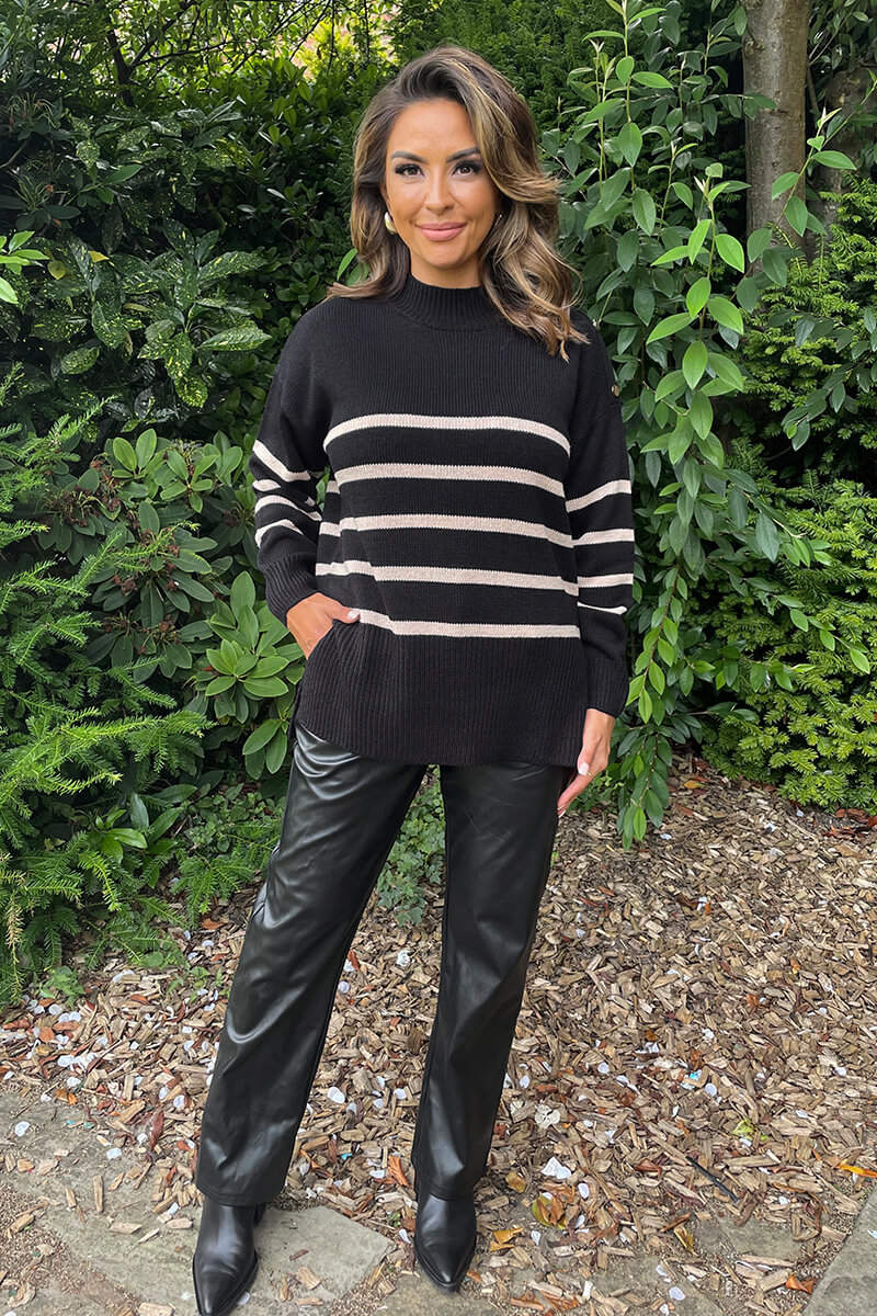 Addison | Women’s striped knit sweater with shoulder button detail