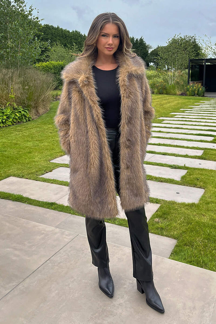 Haley | Women’s long faux fur coat with collar and snap front
