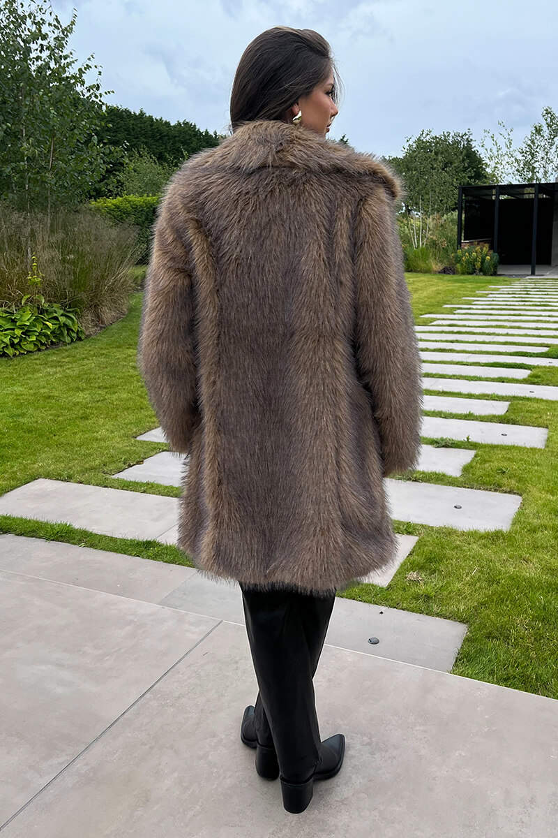 Haley | Women’s long faux fur coat with collar and snap front