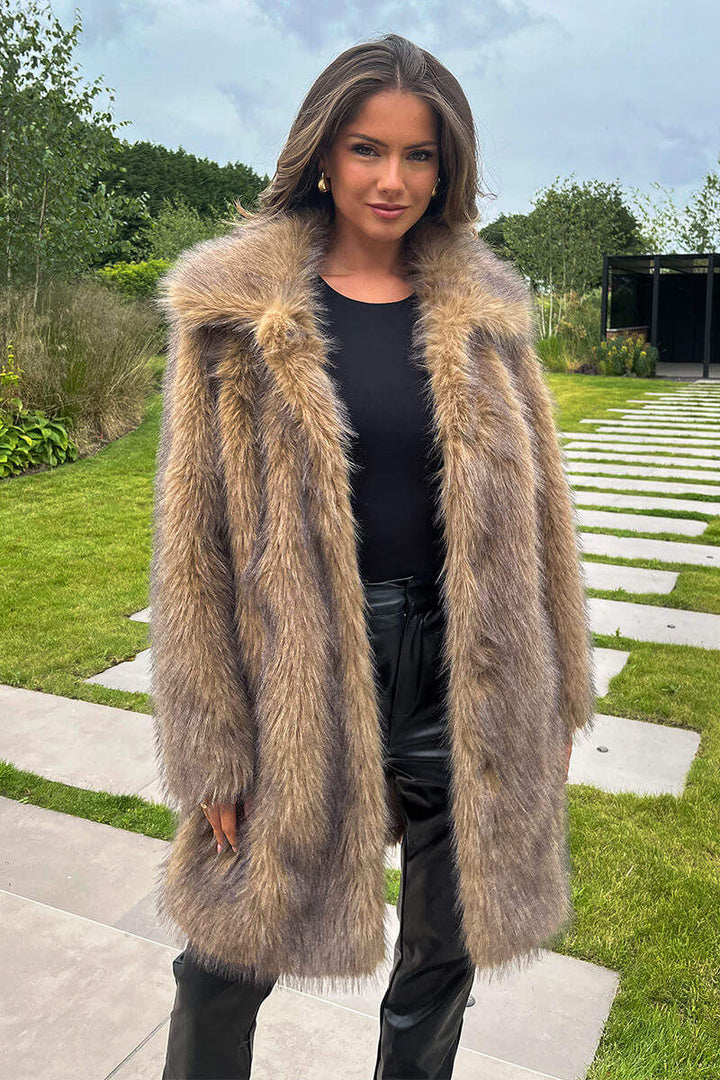 Haley | Women’s long faux fur coat with collar and snap front