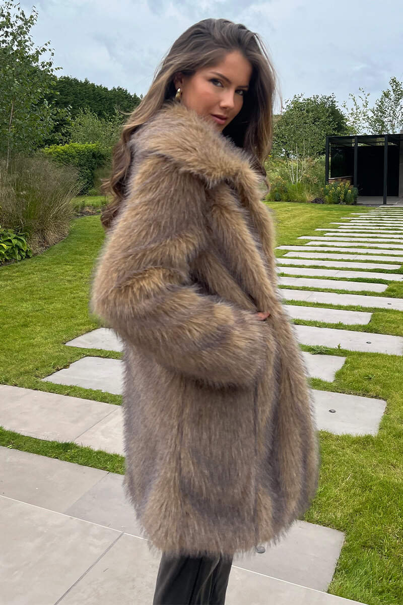 Haley | Women’s long faux fur coat with collar and snap front