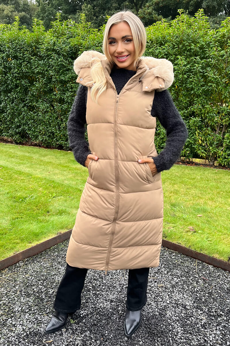 Violeta | Women’s longline padded vest with faux fur hood