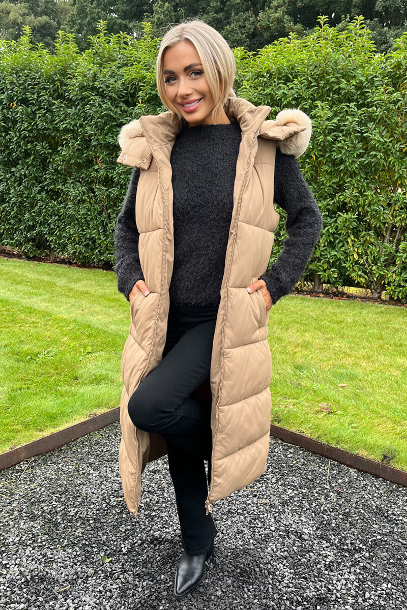 Violeta | Women’s longline padded vest with faux fur hood