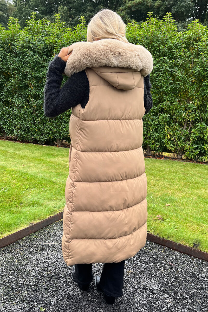 Violeta | Women’s longline padded vest with faux fur hood