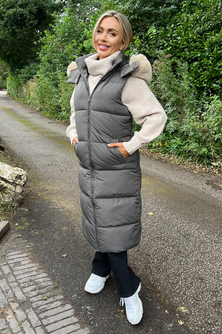 Kennedy | Women’s longline padded gilet with faux fur hood