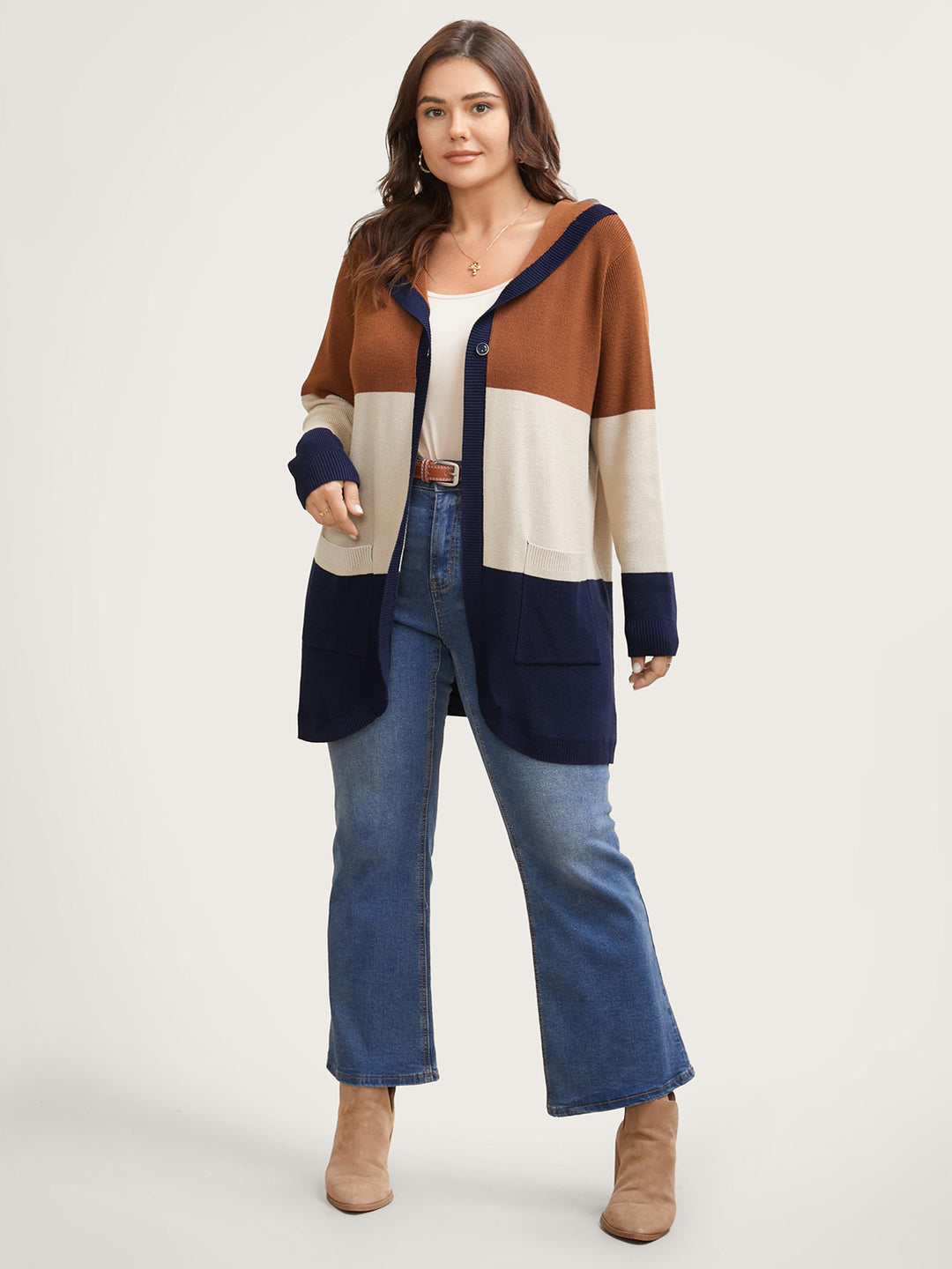 Gemma | Women’s color block hooded knit cardigan with patch pockets