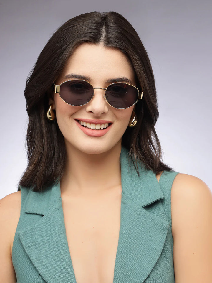 Eliana | Women's oval sunglasses with gold metal frame and dark lenses