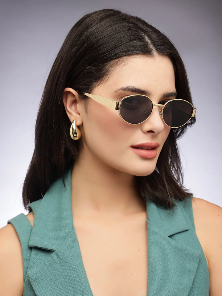 Eliana | Women's oval sunglasses with gold metal frame and dark lenses
