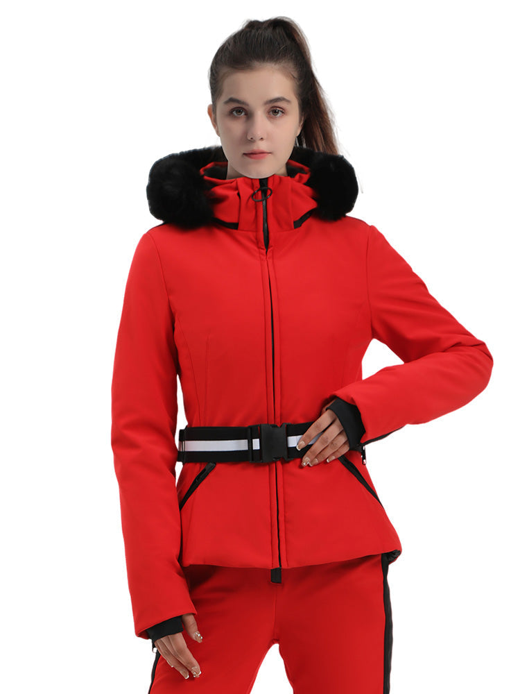 Selah | Women’s belted insulated ski jacket with removable faux fur hood