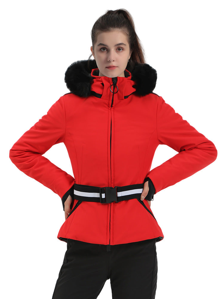 Selah | Women’s belted insulated ski jacket with removable faux fur hood