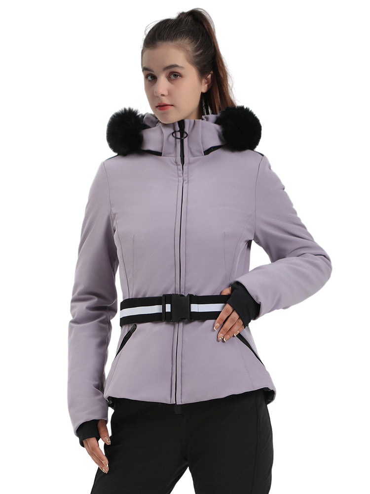 Selah | Women’s belted insulated ski jacket with removable faux fur hood