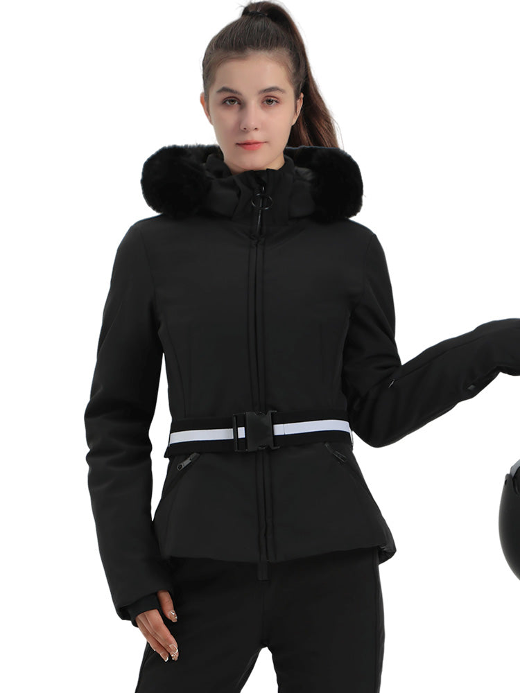 Selah | Women’s belted insulated ski jacket with removable faux fur hood