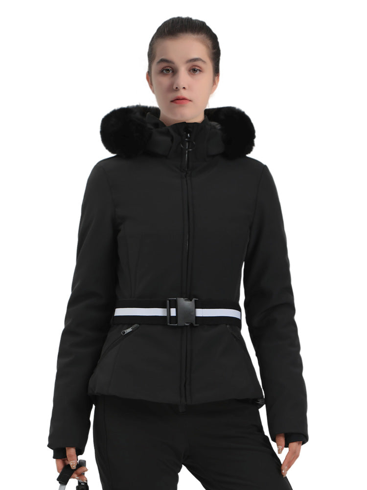 Selah | Women’s belted insulated ski jacket with removable faux fur hood