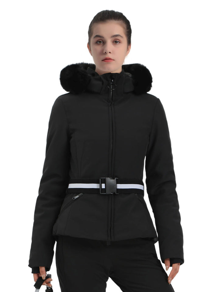 Selah | Women’s belted insulated ski jacket with removable faux fur hood