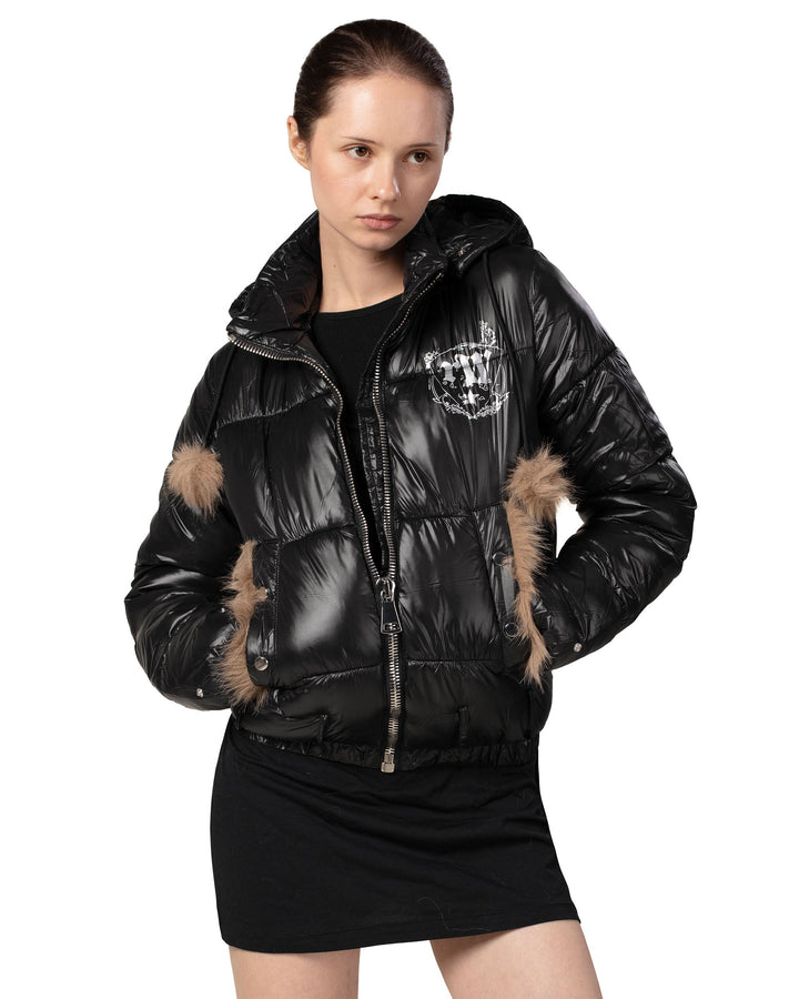 Indira | Women’s slim-fit shiny puffer jacket with detachable faux fur parts
