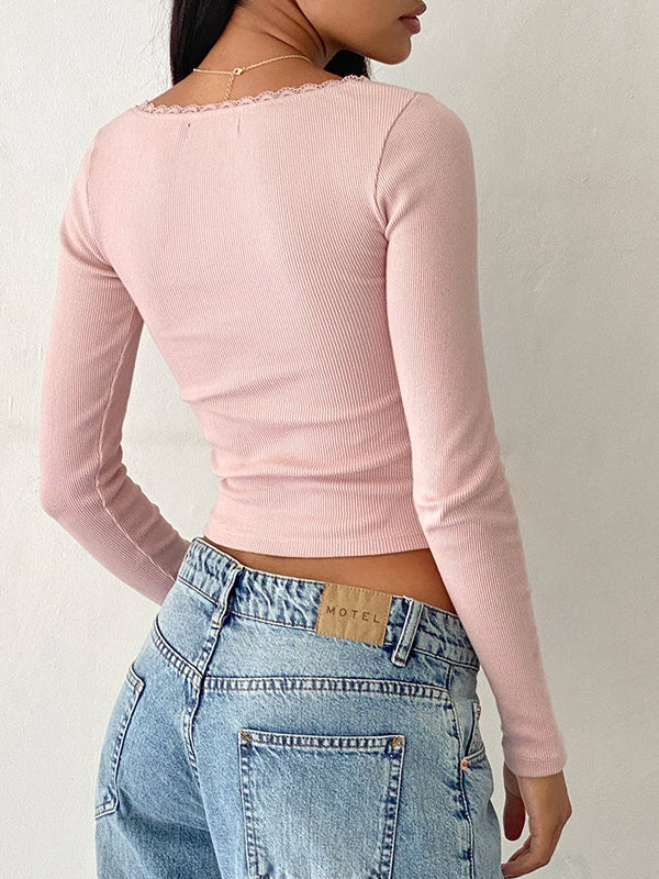 Isla | Ribbed long sleeve top with lace trim and bow detail