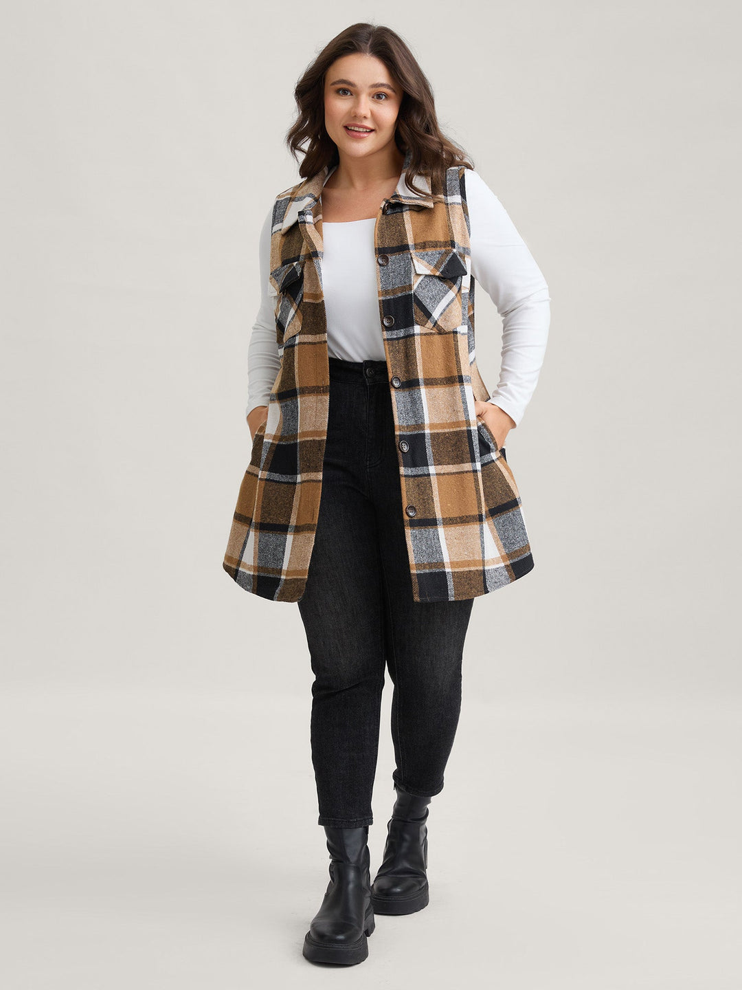 Kaitlyn | Women’s plaid flap detail sleeveless vest with button closure