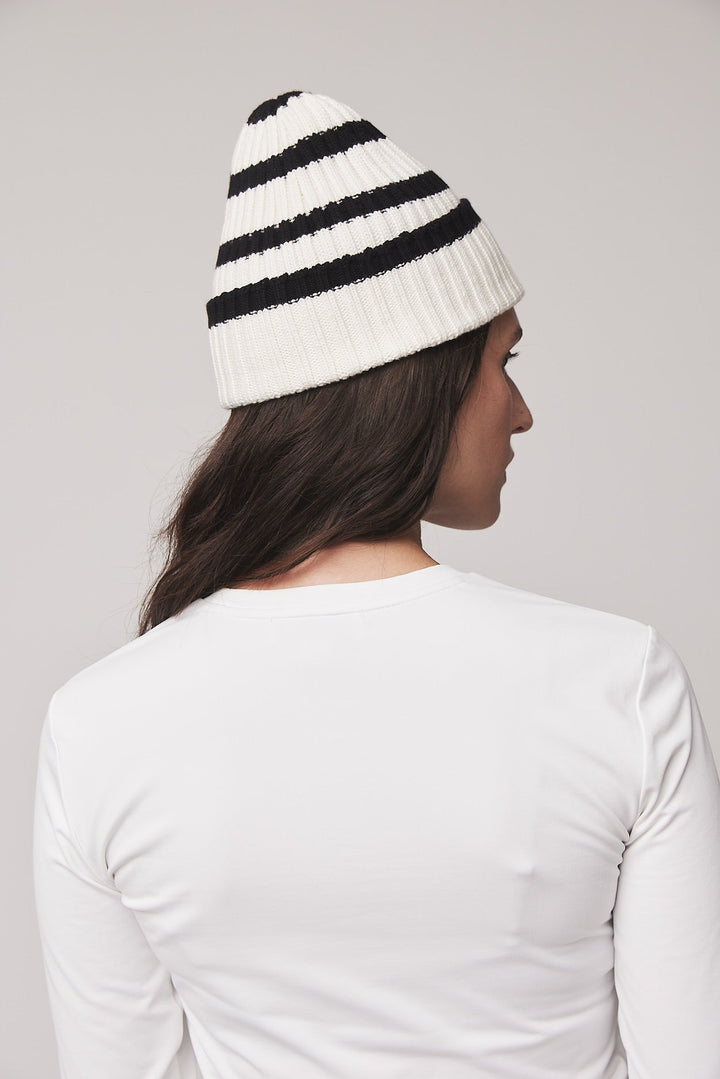Abigail | Women’s wool–merino blend rib knit beanie with stripe detail