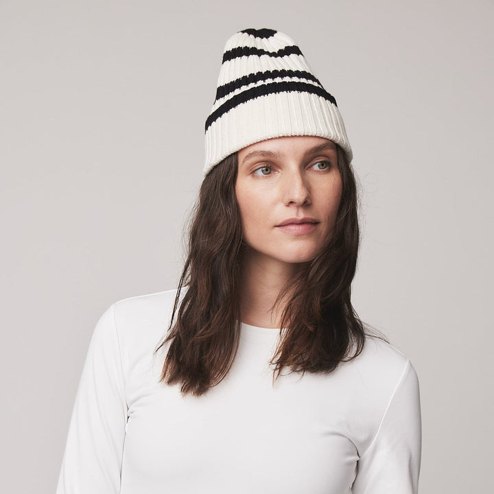 Abigail | Women’s wool–merino blend rib knit beanie with stripe detail