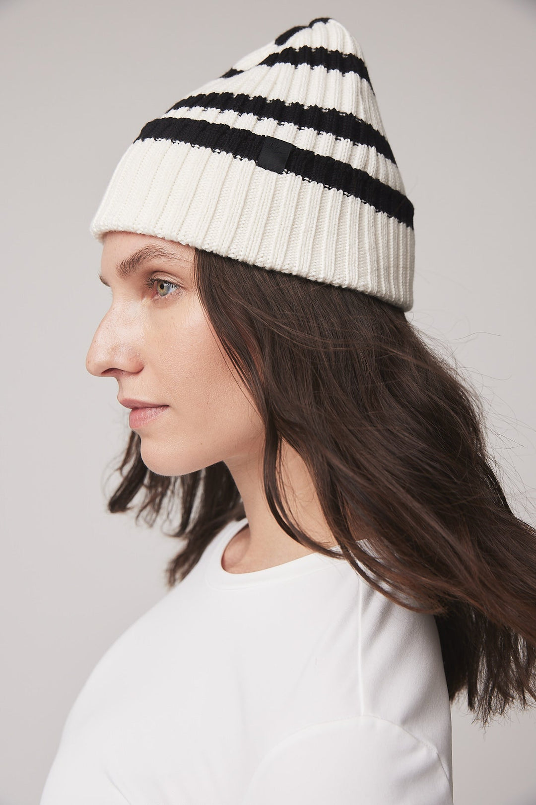 Abigail | Women’s wool–merino blend rib knit beanie with stripe detail