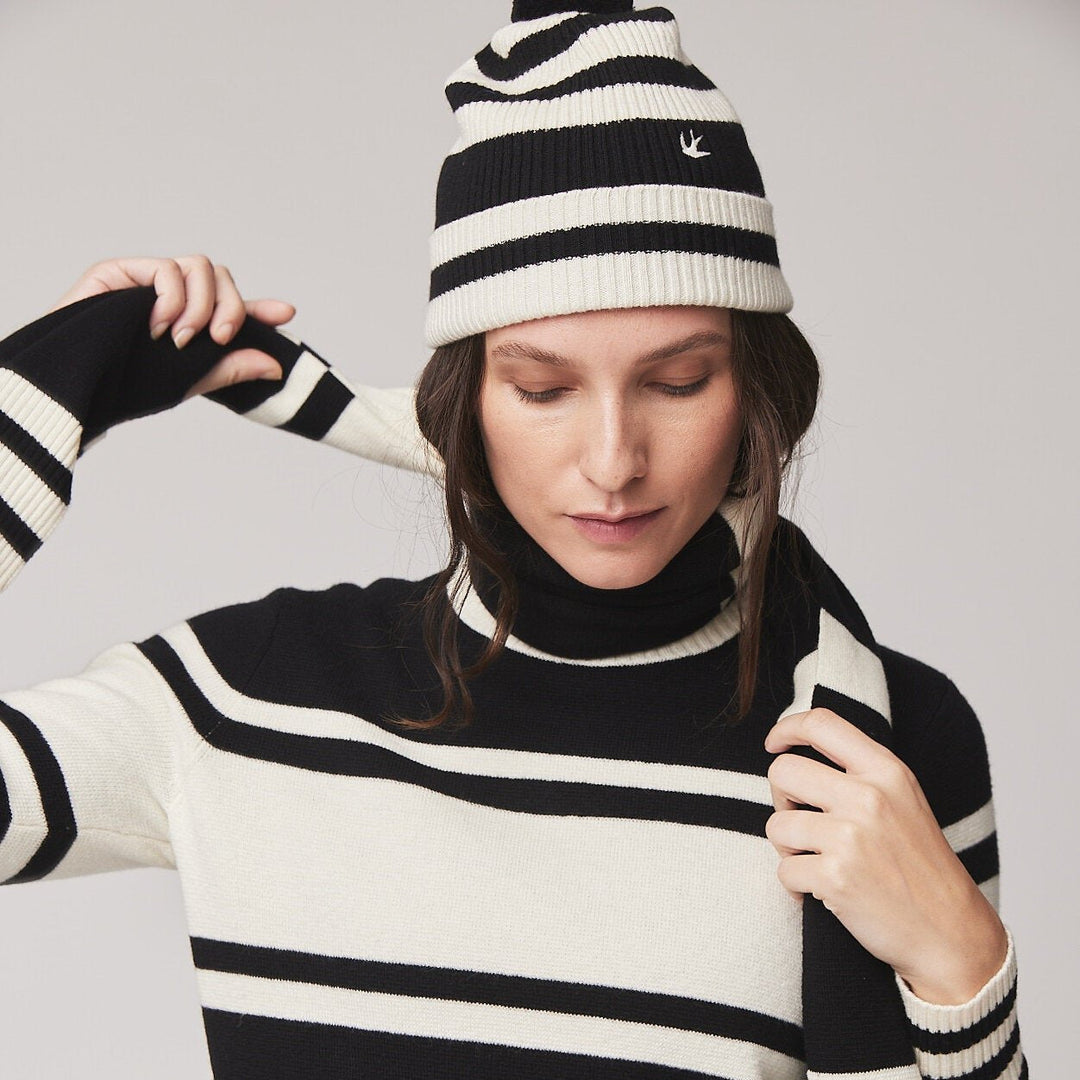 Zoey | Women’s wool–merino blend rib knit beanie with stripe detail