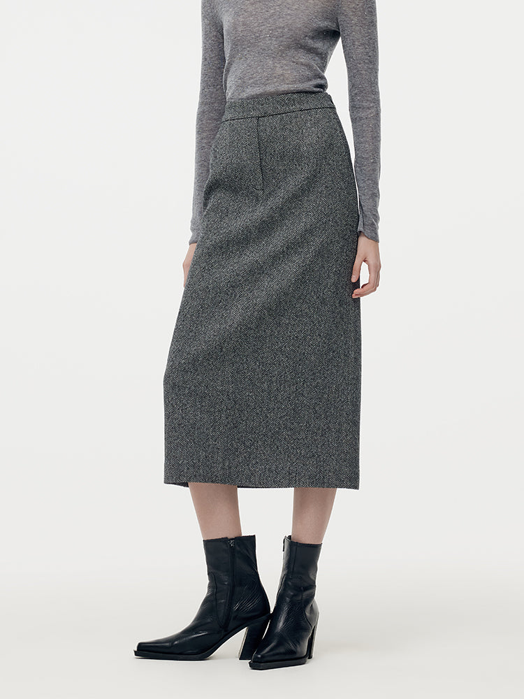 Talia | Women’s wool blend herringbone straight midi skirt