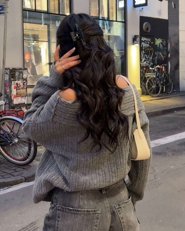 Ellie |  Women’s oversized knit sweater with off-shoulder design and ribbed texture