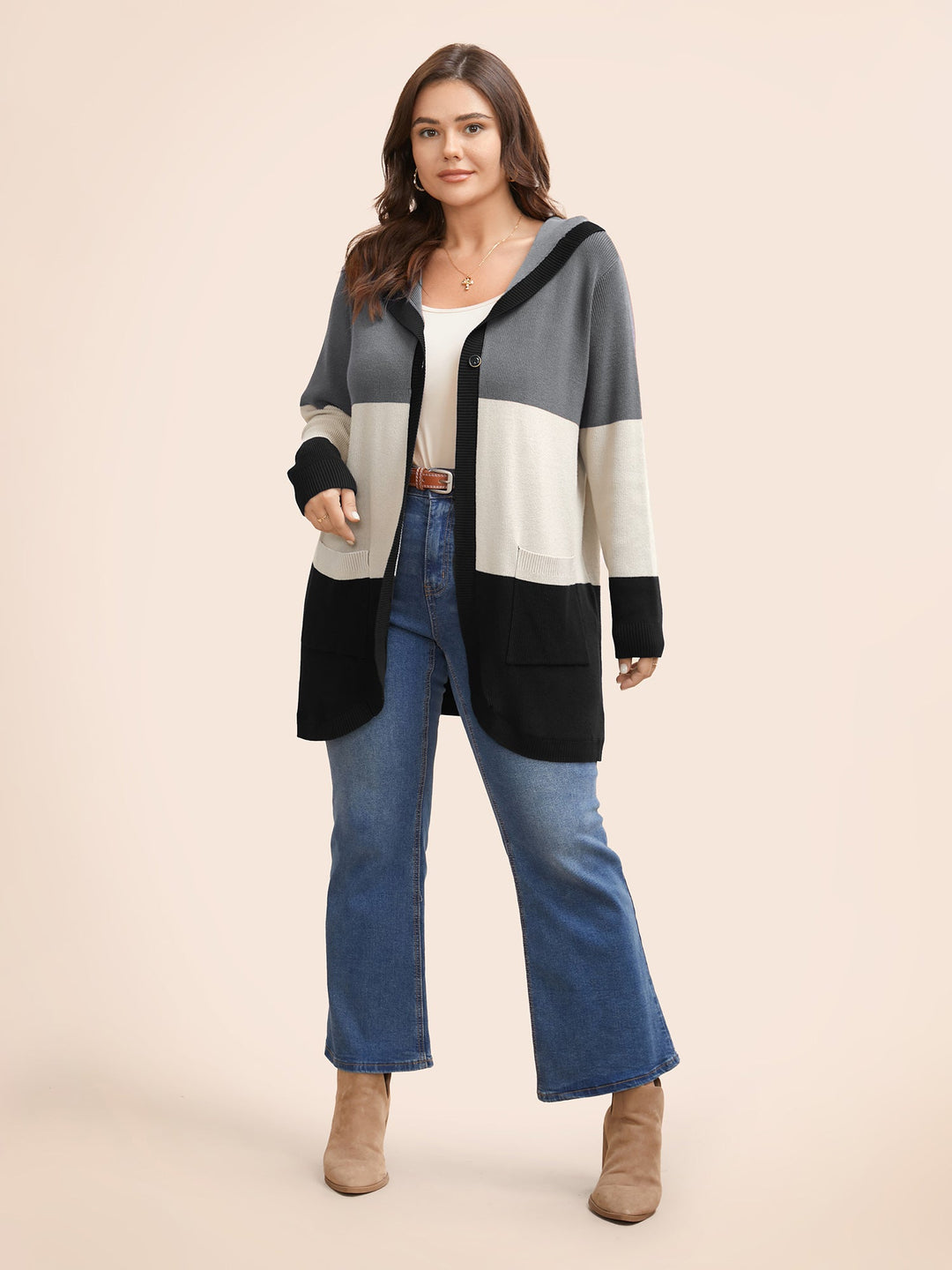 Gemma | Women’s color block hooded knit cardigan with patch pockets