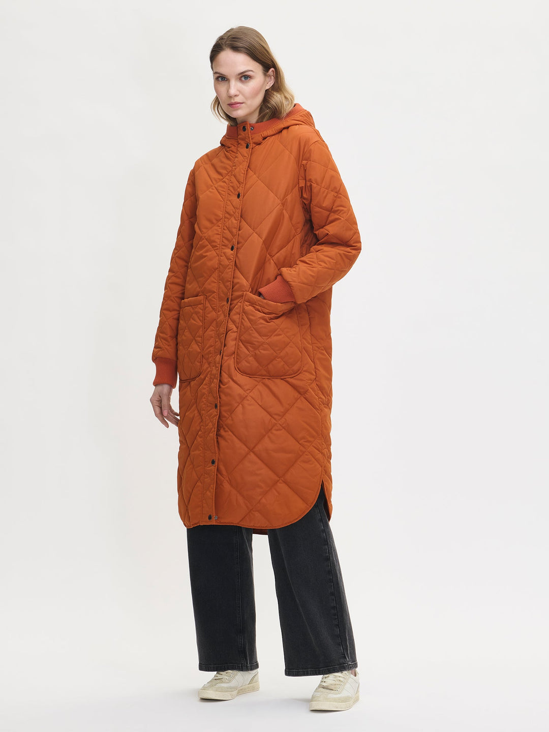 Chelsea | Women’s long quilted hooded coat with oversized patch pockets