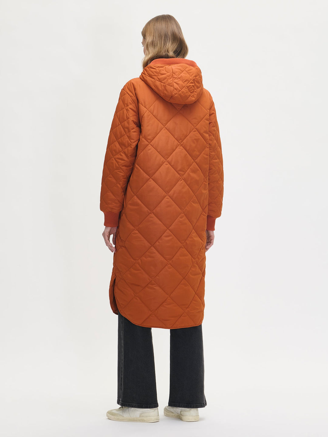 Chelsea | Women’s long quilted hooded coat with oversized patch pockets