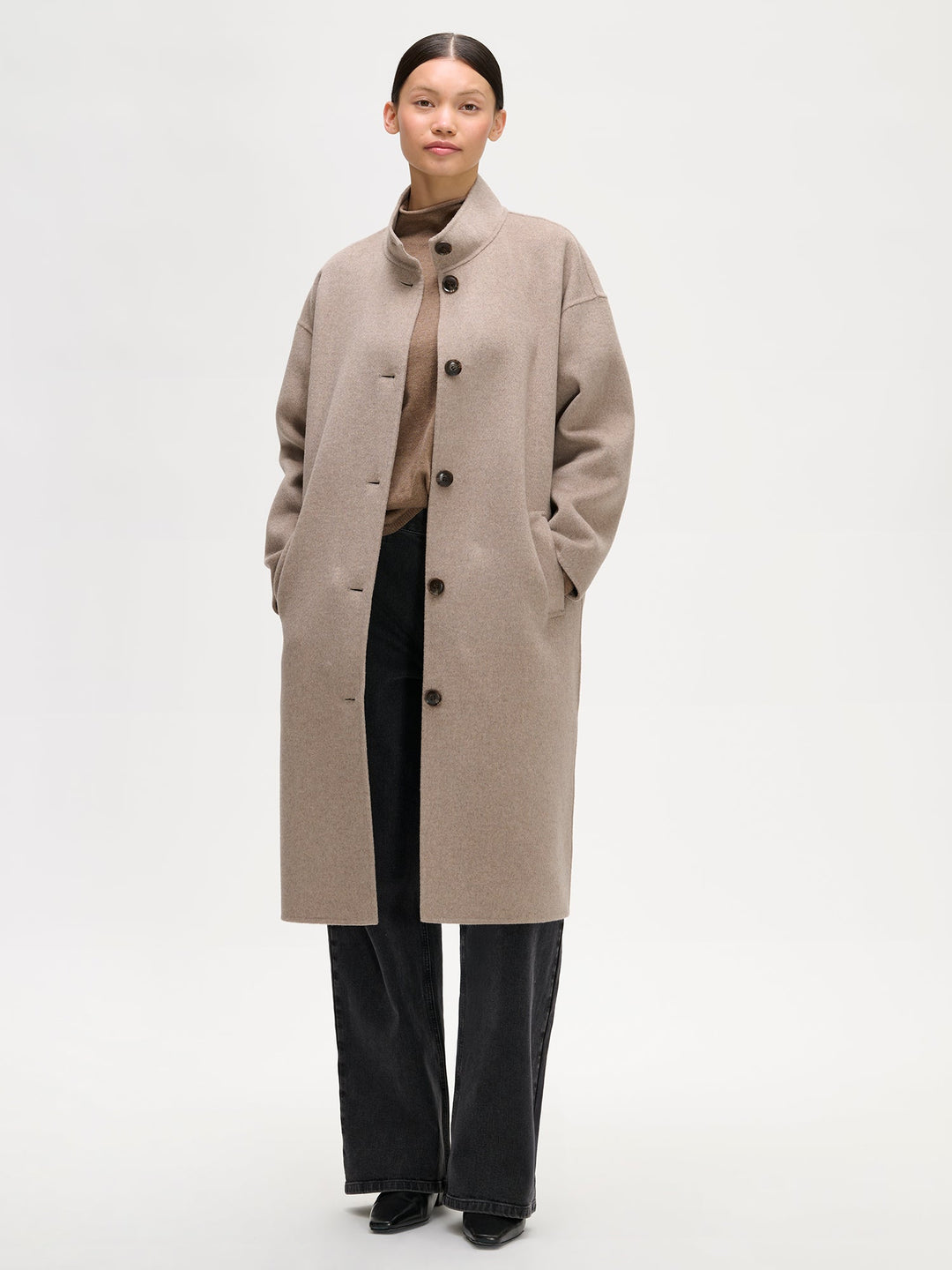 Hailey | Women’s long wool blend coat with stand collar