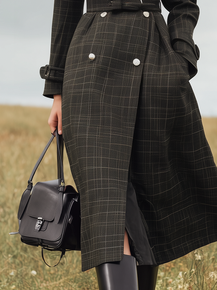 Jobelle | Women’s belted long plaid trench coat with double-breasted design