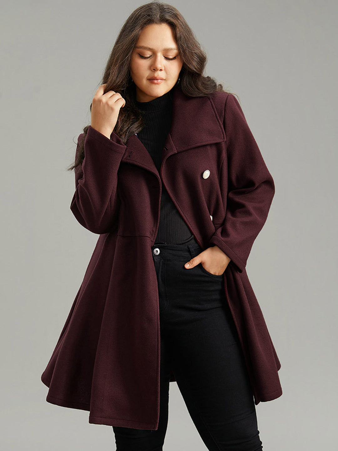 Stallia | Women’s plain button-up pocket asymmetrical lapel collar coat