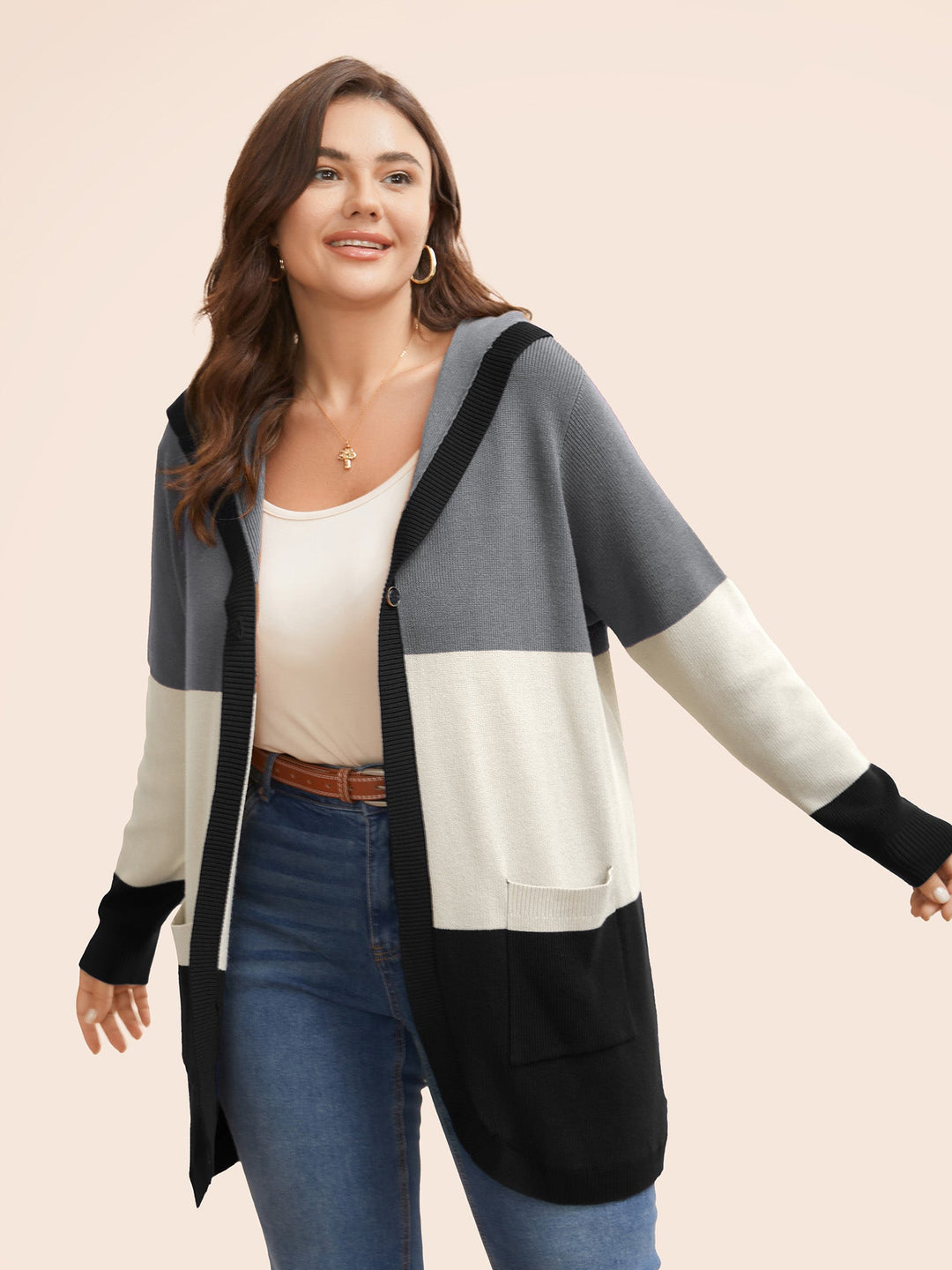Gemma | Women’s color block hooded knit cardigan with patch pockets
