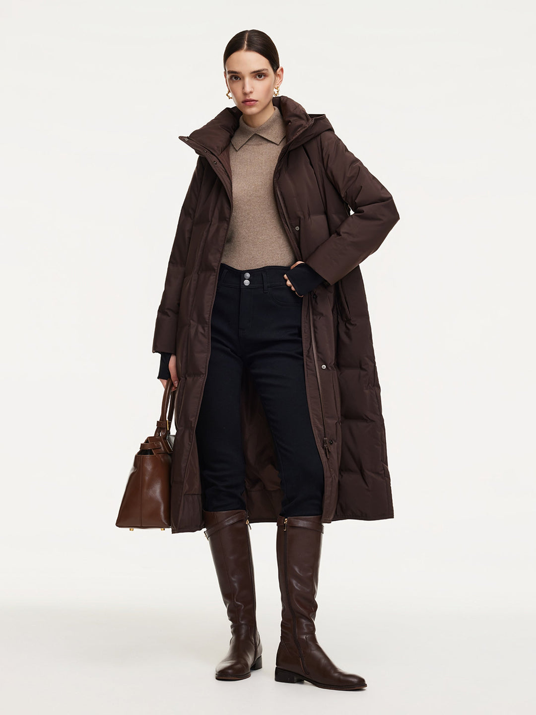 Maci | Women’s long hooded quilted coat with adjustable waist belt