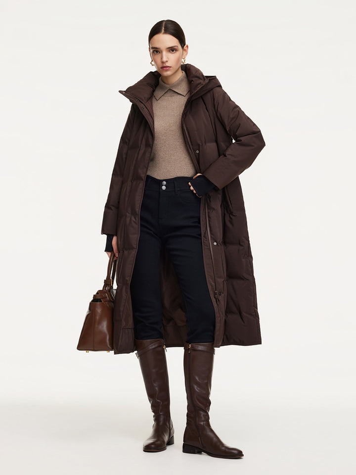 Maci | Women’s long hooded quilted coat with adjustable waist belt