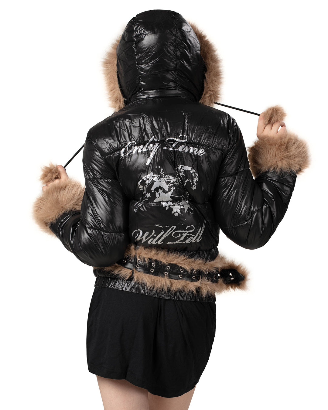 Indira | Women’s slim-fit shiny puffer jacket with detachable faux fur parts